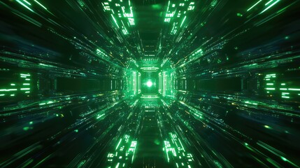 Futuristic digital data flowing through green cyberspace tunnel