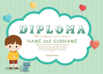 Cute cartoon child diploma template for school achievement with cheerful boy and cat graphic design