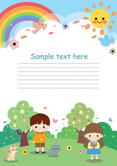 Cheerful illustration of children with pets in a vibrant park under a rainbow and sun, with blank lines for notes.