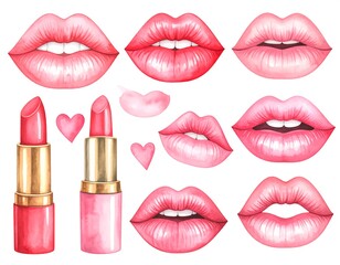 Watercolor illustration of open mouths, lipstick and pink hearts