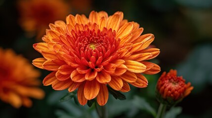 Beautiful orange chrysanthemum flowers bloom vividly in a lush garden setting.