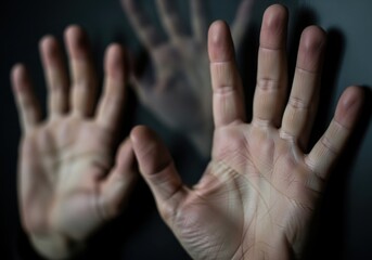 Closeup of a persons hands pressed against a reflective surface, with a blurred reflection visible, conveying a sense of being trapped or seeking help
