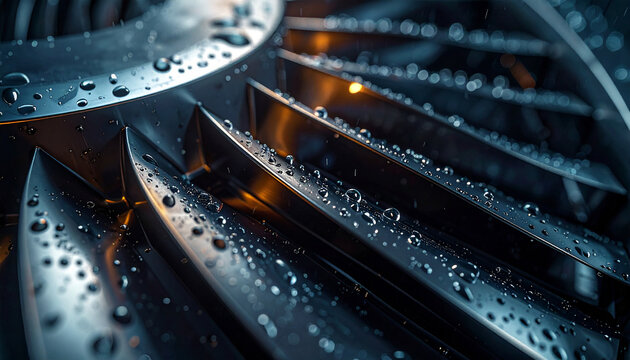 Steel Gear: The image captures a close-up of a robust steel gear, its intricate design glistening with droplets of moisture, symbolizing precision engineering and industrial prowess.