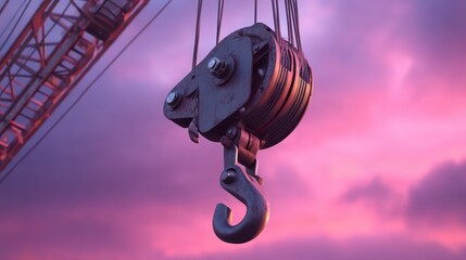 Crane arm fully extended under a dusky purple sky spotlight on hook and load volumetric lighting and sharp