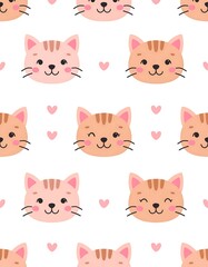 Adorable repeating pattern featuring cartoon cats and small hearts on a crisp white background. Cheerful and charming design