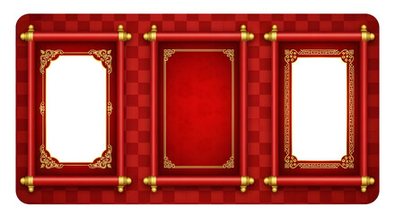 Ornate Red Chinese Scrolls on Textured Red Background image isolated on a transparent background