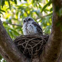 Australian Tawny Frogmouth sitting on nest high in gum tree