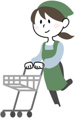 Vector Illustration of Woman Store Worker Pushing Shopping Cart