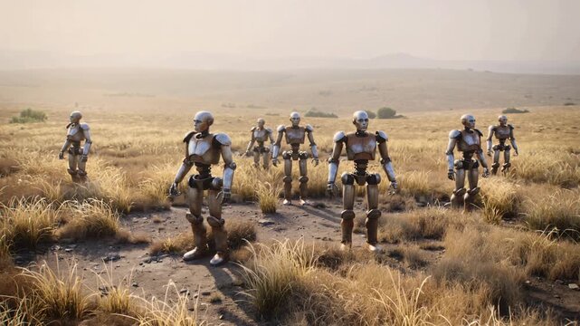 A group of futuristic robots in metallic armor standing in a vast, dry grassland under a soft morning light