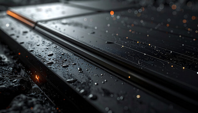 Solar Panel Close-Up: A detailed shot of solar panel covered with raindrops, showcasing innovative green technology for sustainable power generation.