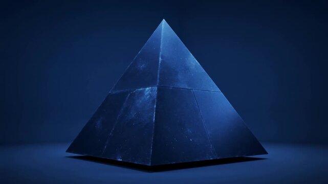A mesmerizing blue pyramid with starry sky texture illuminated in a dark environment