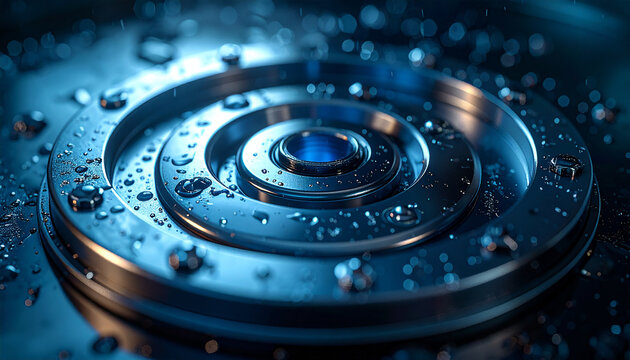 Technological Core: Detailed close-up of a hard drive component, a marvel of modern engineering, illustrating data storage technology and futuristic precision. - Powered by Adobe