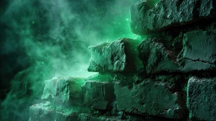 Crumbling brick wall cracks glowing faintly with spectral green underlight Mist seeps through openings producing layered atmosphere Ultra-sharp