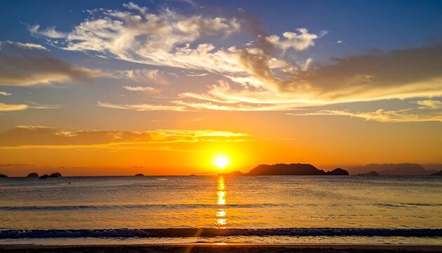 A vibrant sunset casts golden light over a tranquil ocean scene, featuring calm waters, clouds, and distant islands