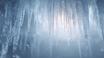 Crystalline icicle textures layered across frosted glass illuminated with cool wintery tones shadows accurate and crisp faint volumetric