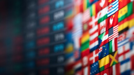 International Economic Policy, Colorful flags displayed prominently on a digital background.