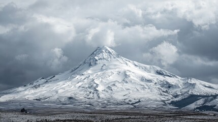 A majestic snow-covered mountain rises prominently against a backdrop of dramatic grey clouds in New Zealand. The scene captures the beauty of nature and its quiet power.