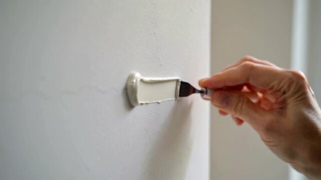 Close-up of hand applying putty with a small knife on a textured wall during home renovation