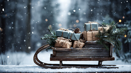 Rustic Wooden Sled with Christmas Gifts in a Magical Snowy Forest