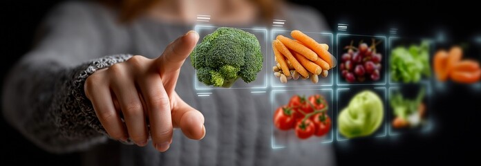 A woman selecting a nutritious meal selection on a virtual screen promoting the idea of balanced nutrition, video