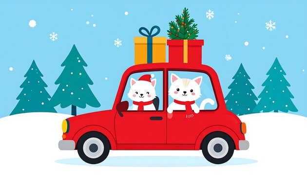 Whimsical illustration of two feline characters in a red car, driving through a snowy landscape with gifts on the roof