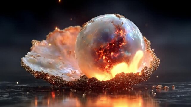 Abstract conceptual artwork of sphere inside shell with fire and light