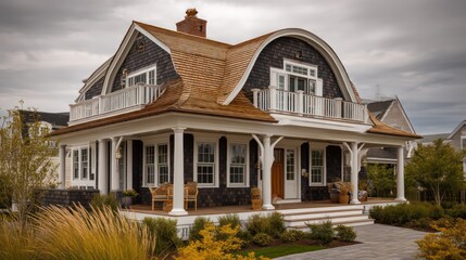Curved-front coastal home with scalloped siding and multicolor shingle roof overcast lighting with ambient softness deep color separation