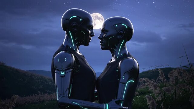 Two humanoid robots embracing under a full moon in a grassy field, surrounded by tall grasses and a serene night sky