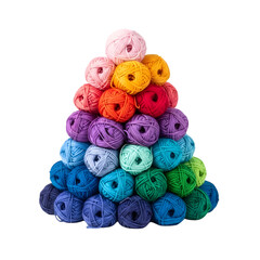 Rainbow Stacked Yarn Balls Forming a Christmas Tree Shape on Black Background knitting crochet isolated on a transparent background
