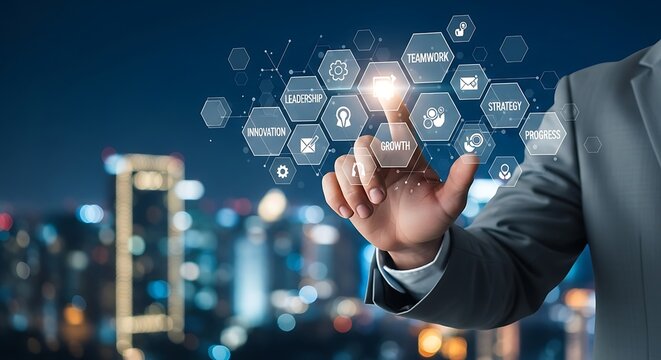 Businessman interacting with digital network in city at night