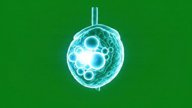 Medical Illustration of Human Thyroid Gland Anatomy with Blue Glow and Bubbles on Chroma Key Green Background VFX Ready