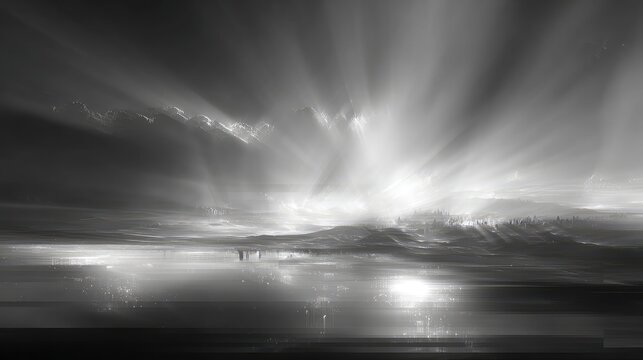 Abstract glowing landscape with rays of light and reflection