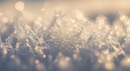 Close-up of sparkling frost and ice crystals on a cold winter morning with bokeh lights.