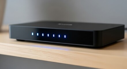 A sleek, black network switch with illuminated blue indicator lights sits on a wooden shelf, suggesting advanced home or office technology.