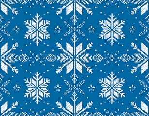 A repeating patterned design featuring various ornate, white snowflake-like motifs and scattered dots on a vibrant blue background