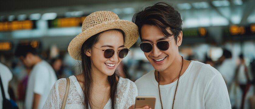Asian tourist couple waiting at the airport for their flight, with the woman pointing at the man's phone.