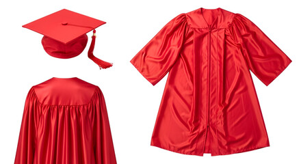 Red Graduation Cap and Gown Set Displayed on Black Background academic education isolated on a transparent background