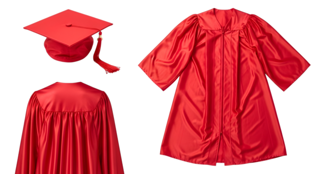 Red Graduation Cap and Gown Set Displayed on Black Background academic education isolated on a transparent background - Powered by Adobe