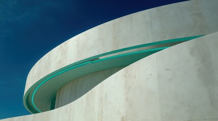 Curved white concrete facade with embedded teal LED piping following form top-down sun casting delicate crevice shadows enhanced