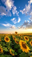 A vibrant field of sunflowers basks in golden sunlight beneath a bright blue sky filled with puffy white clouds