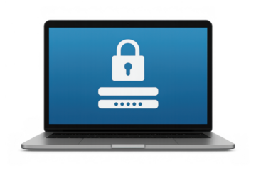 Laptop showing login screen with padlock icon, representing data security, personal privacy, and cybersecurity protection