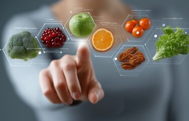 A woman selecting a nutritious meal selection on a virtual screen promoting the idea of balanced nutrition, video