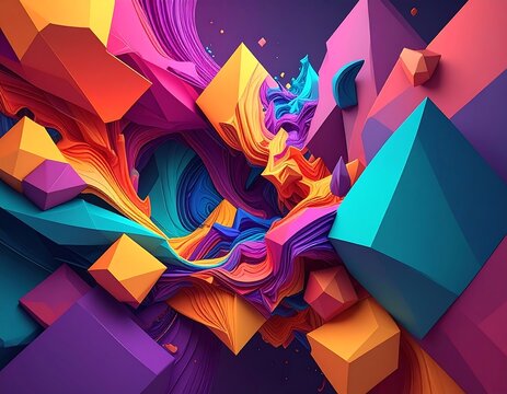 A vibrant abstract composition with floating geometric shapes and flowing, swirling color gradients - Powered by Adobe
