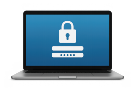 Laptop showing login screen with padlock icon, representing data security, personal privacy, and cybersecurity protection