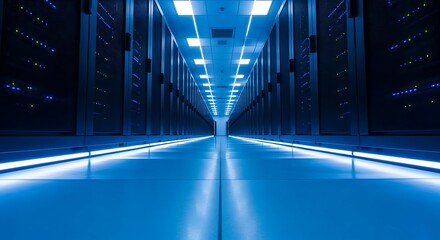 A long, brightly lit corridor in a modern data center with rows of servers on either side.