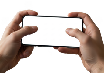 Hands holding a smartphone horizontally isolated on transparent background