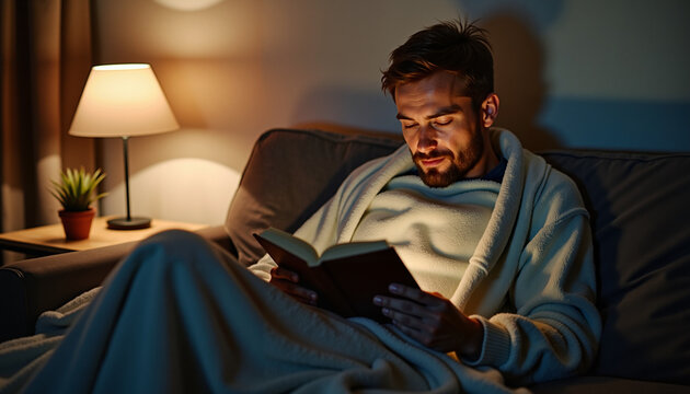 Young man reading a book while wrapped in a cozy blanket on a sofa in a dimly lit living room