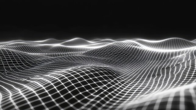 Digital wireframe grid with flowing wave surface