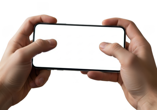 Hands holding a smartphone horizontally isolated on transparent background