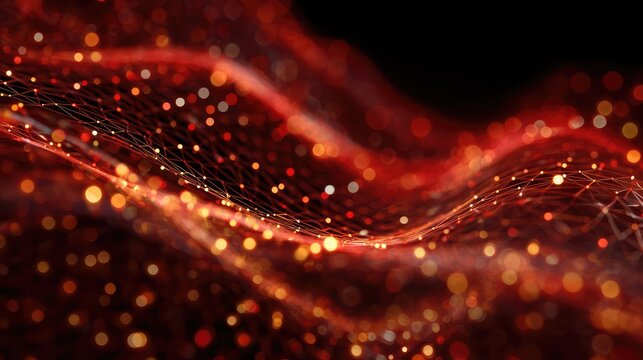 Digital network connecting data points in abstract red wave